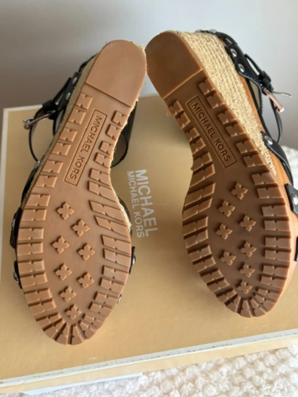 🖤 Michael Kors Somerly Black Leather Espadrille Wedge Sandals 8.5